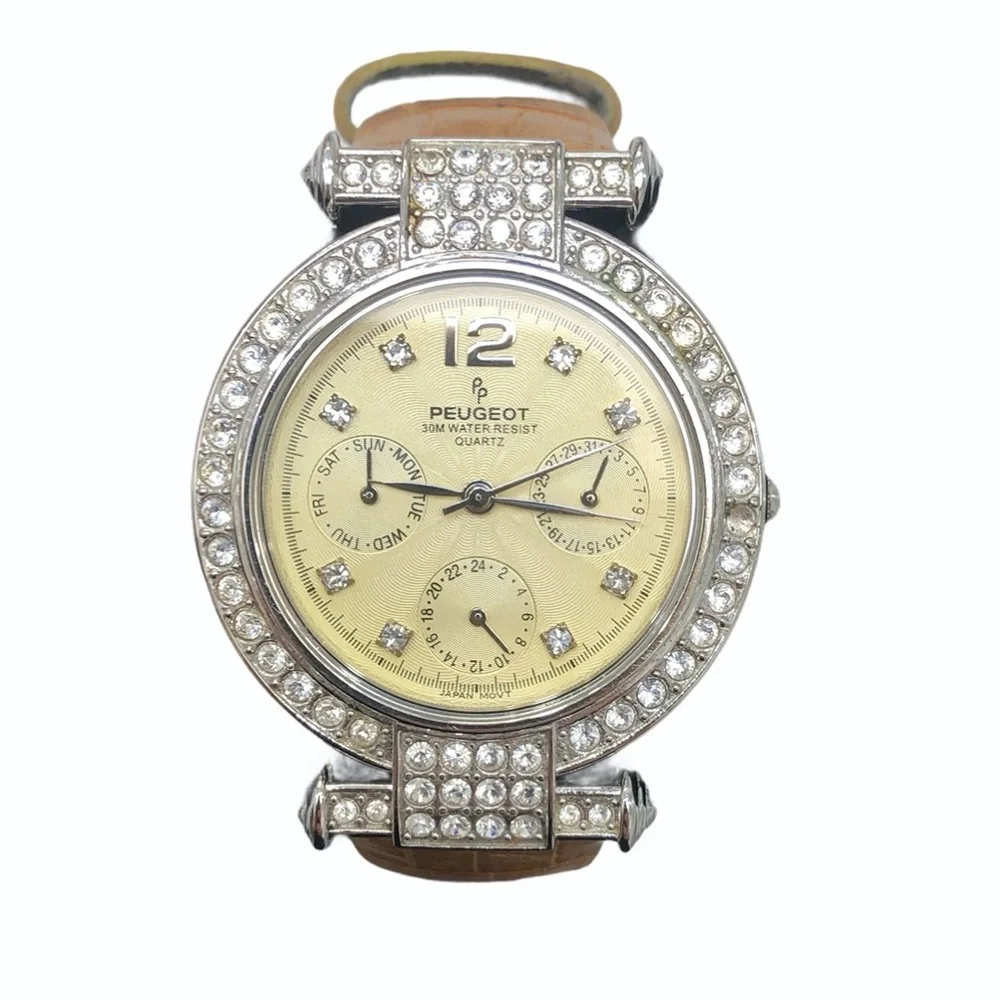 P. PEUGEOT YELLOW FACE & CROCODILE STAMPED BAND WITH CRYSTAL BEZEL WATCH